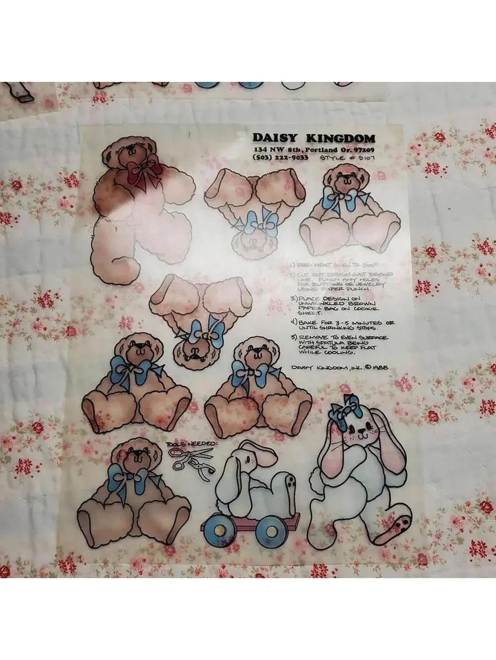 Vintage Daisy Kingdom Shrinky Dinks Fabric Panel Set of 4 Bear & Basket Designs